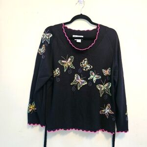 Jack B. Quick Women Sz XL Black Belted Beaded Butterfly Sweater Vintage 90s